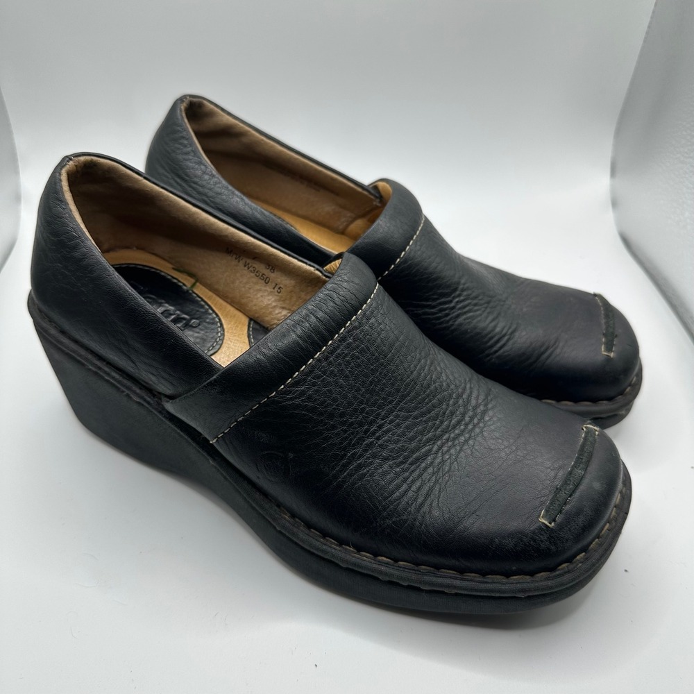 Born Black Leather Square Toe Wedge Clogs‎ Slip On Shoes Women Size 7 chunky